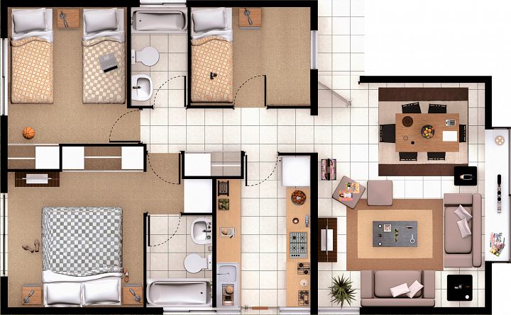 modelo3D2B_1piso Casa en Los Andes 3 Habitaciones 2 Baños