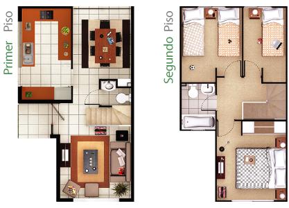 modelo3D2B_2pisos Casa en Los Andes 3 Habitaciones 2 Baños